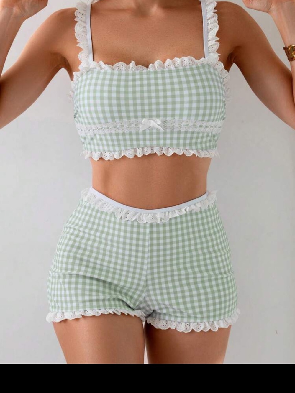 Gingham Lace-Trim Sleep Set — Light Green
